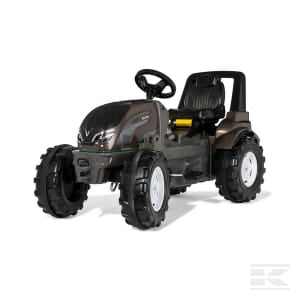 Featuring an adjustable seat for comfort, the Premium II Valtra - R720033 by Rolly Toys is a dark green children's pedal tractor with black wheels and a steering wheel, set against a white background.