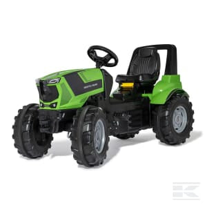 The Deutz Agrotron 8280TTV - R720057 by Rolly Toys is a green and black pedal tractor designed for children to ride. It features large, whisper-quiet tires and a steering wheel, along with a high seat that includes a backrest for added comfort.