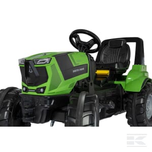 The Rolly Toys Deutz Agrotron 8280TTV - R720057 is a green and black pedal tractor featuring large wheels, a steering wheel, and an adjustable seat, designed for children.