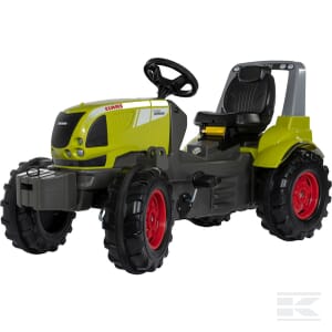 The Pedal Tractor, Claas Arion 640 - R720064 by Rolly Toys is green and yellow, designed to resemble a CLAAS Arion 640. It features a black adjustable seat and red wheels.