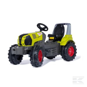 Introducing the Claas Arion 660 - R720088 by Rolly Toys, a vibrant yellow and green pedal tractor with striking black and red wheels, a functional steering wheel, and a comfortable black seat—perfect for little ones to immerse themselves in farm life during outdoor activities.