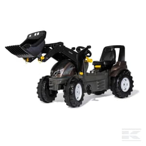 A black and brown children's tractor, the Premium II Valtra+frontloader R730056 from Rolly Toys, features a front loader, large wheels, and a seat perfect for a child.