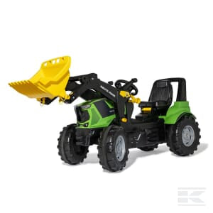 The Deutz Agrotron 8280TTV+frontloader - R730087 by Rolly Toys is a green and black pedal tractor for children with a yellow front loader bucket and four wheels, designed for kids to ride on.