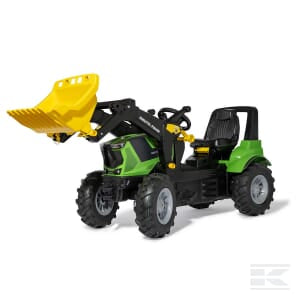 The Deutz Agrotron 8280TTV with front loader and tires (R730094) by Rolly Toys is a pedal tractor featuring a green and black design with a yellow front loader and four large tires, specifically designed for outdoor play. Its adjustable seat accommodates growing kids, ensuring hours of fun and adventure in the backyard.