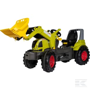 A pedal tractor for children, the Claas Arion 640 with front loader - R730100 by Rolly Toys, features a front loader, black adjustable seat, red wheels, and a yellow bucket arm.