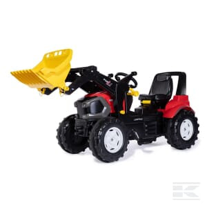 The Lintrac + Frontloader - R730117 by Rolly Toys is a high-quality pedal tractor featuring a stylish red and black design with a yellow front loader attachment, perfect for children's outdoor activities.