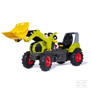 The Claas Arion 660 + Frontloader by Rolly Toys, featuring a green body, red wheels, black seat, and a yellow front loader, is displayed against a white background. Ideal for kids who enjoy outdoor activities and aspire to experience farm life.