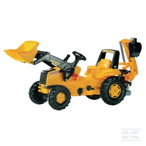 A Pedal tractor with front-loader and backhoe, Caterpillar - R81300 by Rolly Toys, featuring a yellow body with black wheels.