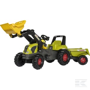 The Rolly Toys Pedal tractor with trailer, Claas (R81316), suitable for children from age 2.5, features a green and yellow design with large wheels, a rollyJunior front loader attachment, a detachable trailer, and low-noise tyres for quieter play.