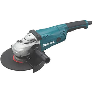 The Makita Grinder 9" 2000W 240 - GA9020 features a powerful 2000W motor, an adjustable side handle, and a green and black body equipped with a circular abrasive disc.