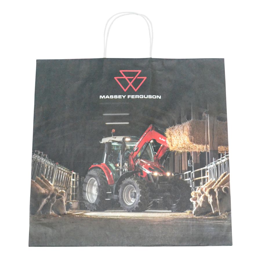 AGCO's Massey Ferguson - Various Gift Bags collection features a shopping bag with an image of a red tractor carrying a hay bale in a barn surrounded by cows.