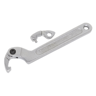 A Sealey Adjustable C Spanner - Hook & Pin Wrench Set 3pc (19-51mm) in silver, crafted from durable Chrome Vanadium steel, featuring an open hook end and an adjustable nut, is displayed on a white background.