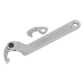 A Sealey Adjustable C Spanner - Hook & Pin Wrench Set 3pc (19-51mm) in silver, crafted from durable Chrome Vanadium steel, featuring an open hook end and an adjustable nut, is displayed on a white background.