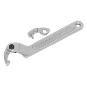 A Sealey Adjustable C Spanner - Hook & Pin Wrench Set 3pc (19-51mm) in silver, crafted from durable Chrome Vanadium steel, featuring an open hook end and an adjustable nut, is displayed on a white background.