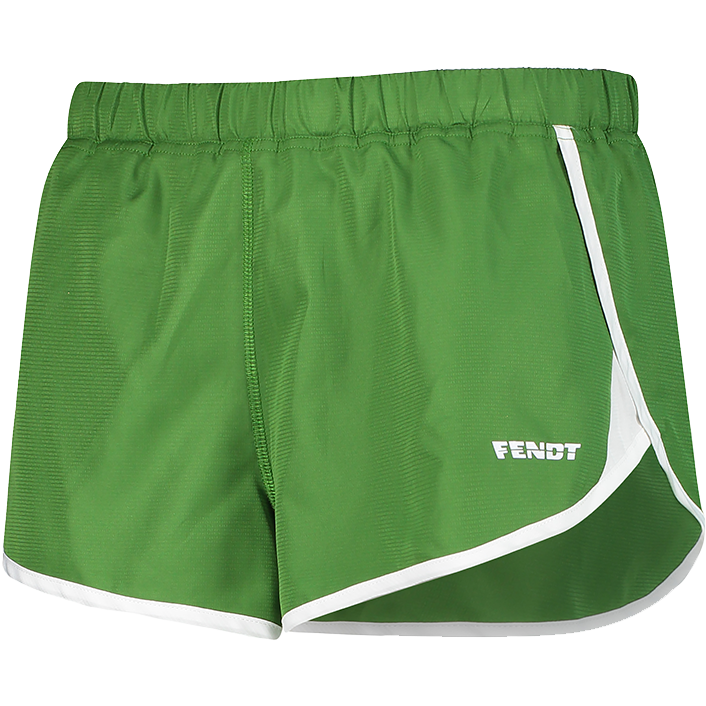 A pair of AGCO green unisex running shorts with white trim and an adjustable elastic waistband, featuring the brand name "Fendt" on the left leg. These lightweight sports shorts, model X991023135000, are perfect for any workout.