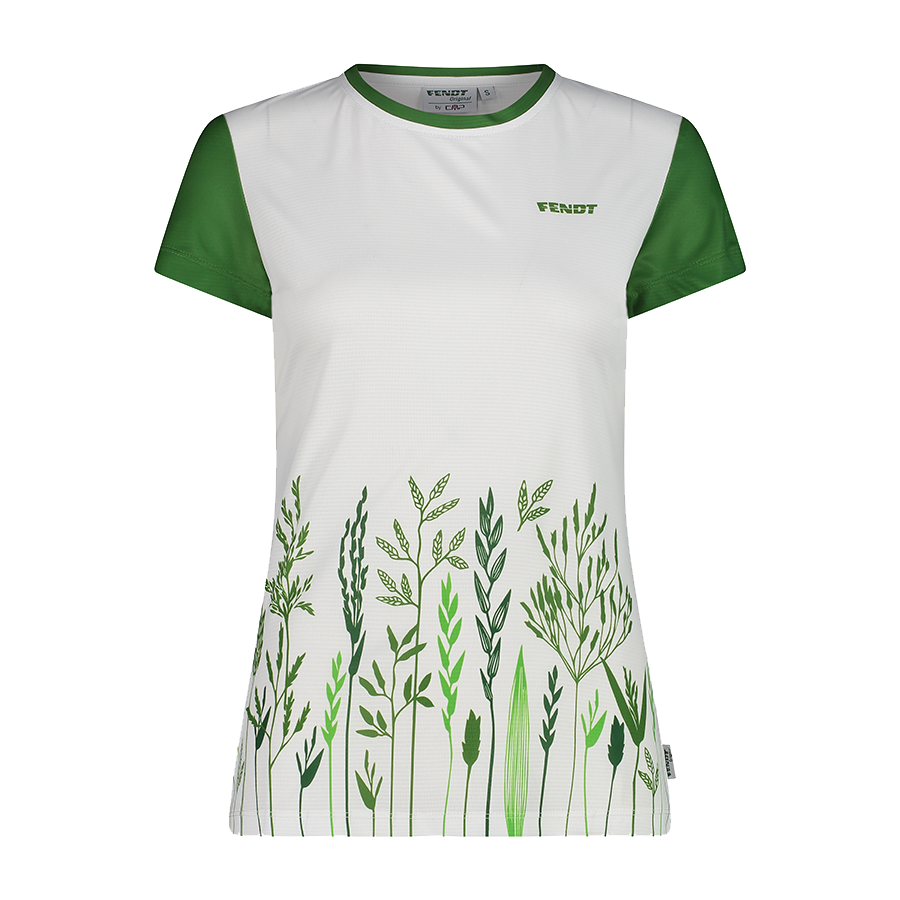 The Fendt - Women’s sports shirt (X991023123000) by AGCO is a stylish white and green short-sleeve sports shirt featuring a botanical design with green plants extending from the bottom and green sleeves. It has a small brand logo on the chest and is made from Polyester Jersey, incorporating Dry Function Technology for maximum comfort.