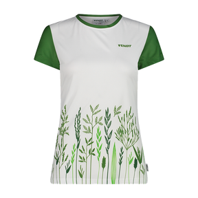 The Fendt - Women’s sports shirt (X991023123000) by AGCO is a stylish white and green short-sleeve sports shirt featuring a botanical design with green plants extending from the bottom and green sleeves. It has a small brand logo on the chest and is made from Polyester Jersey, incorporating Dry Function Technology for maximum comfort.
