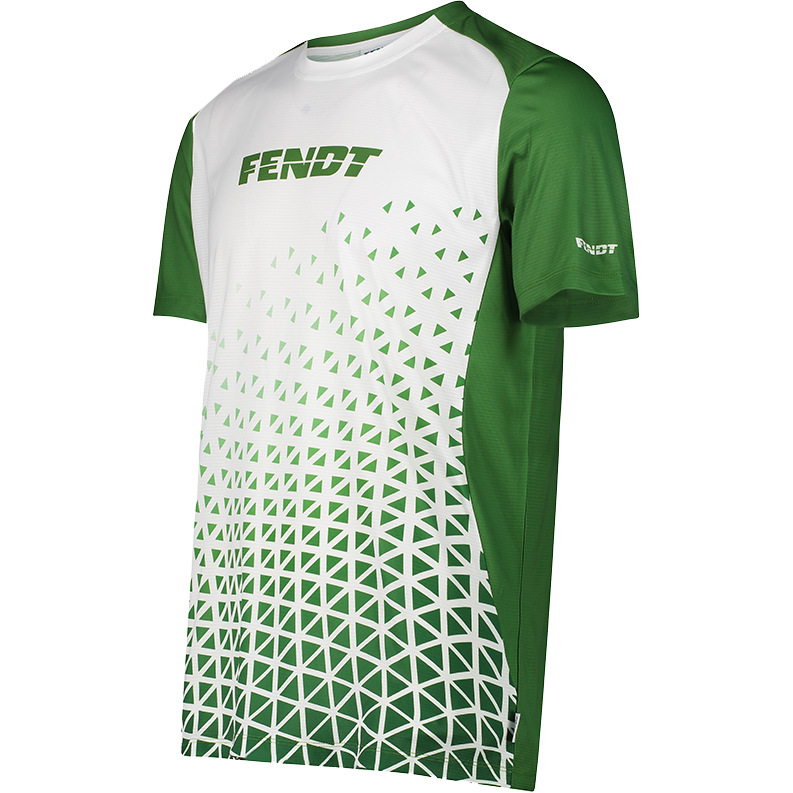 The Fendt - Men’s sports shirt - X99102312C by AGCO is a short-sleeved athletic shirt showcasing a green and white geometric pattern, with the "Fendt" logo on both the chest and sleeve. It features innovative Dry Function Technology and an odour-preventing treatment designed for peak performance.