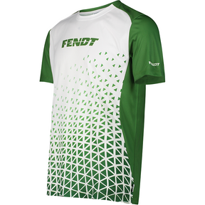 The Fendt - Men’s sports shirt - X99102312C by AGCO is a short-sleeved athletic shirt showcasing a green and white geometric pattern, with the "Fendt" logo on both the chest and sleeve. It features innovative Dry Function Technology and an odour-preventing treatment designed for peak performance.