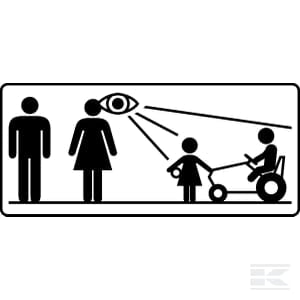 Icon depicting surveillance of a family with a child holding a ball and another riding a Rolly Toys Farmtrac Classic tricycle with silver pneumatic wheels (R40918), while an eye symbol watches from above.