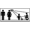 Illustration of a family with an adult, a child, and a person on a mobility scooter. An eye symbol with lines points towards the family, suggesting monitoring or observation. The child is playing nearby with the Rolly Toys Pedal Tractor with Front Loader, New Holland T7 (rollyFarmtrac - R61125), which features an adjustable seat and is designed for children aged 3 and up.