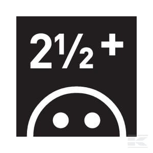 A black and white icon featuring the text "21/2+" above a simplified circle with two dots resembling a face, perfect for your Rolly Toys collection of Steering Wheel with sound - R40920.