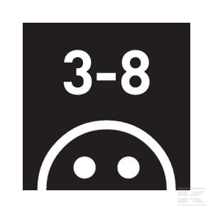 A black and white icon displaying the numbers 3-8 above a simple face with a neutral expression, reminiscent of the straightforward design characteristic of Rolly Toys' Pneumatic Wheel Set, Silver - R40918.