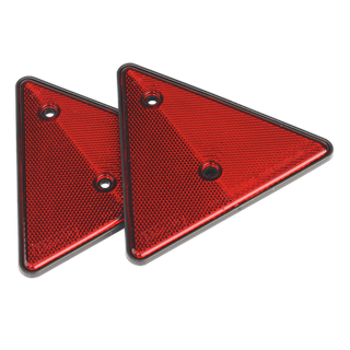 Two Sealey Rear Reflective Red Triangle Pack of 2 - TB17, each featuring black edges and two mounting holes, are positioned slightly overlapping against a white background.