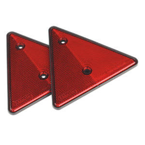 Two Sealey Rear Reflective Red Triangle Pack of 2 - TB17, each featuring black edges and two mounting holes, are positioned slightly overlapping against a white background.