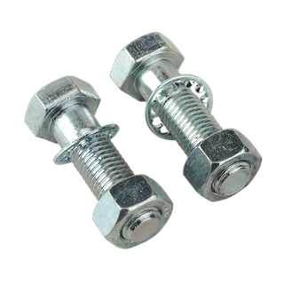 Two Sealey Tow-Ball Bolts & Nuts M16 x 55mm (Pack of 2 - TB27), complete with washers, are placed side by side on a white background.