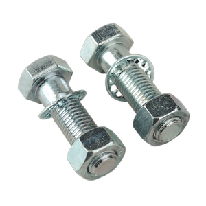 Two Sealey Tow-Ball Bolts & Nuts M16 x 55mm (Pack of 2 - TB27), complete with washers, are placed side by side on a white background.