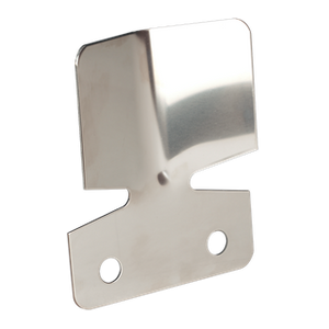 The Sealey Bumper Protection Plate Stainless Steel - TB301 is a stainless steel bracket featuring two circular pre-drilled mounting points at the bottom and a notched section in the middle, making it ideal for trailer bumper protection.