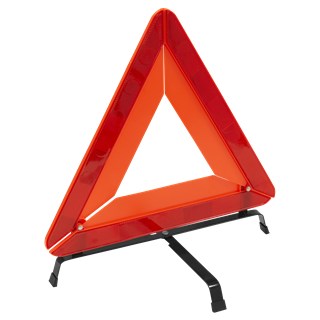 The Warning Triangle CE Approved - TB40 from Sealey, compliant with ECE R27 standards, features red and orange reflective surfaces and foldable black metal legs. This makes it essential for emergencies or roadside assistance, providing both practicality and compliance with legal requirements in many regions.