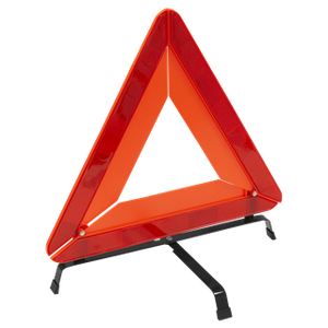 The Warning Triangle CE Approved - TB40 from Sealey, compliant with ECE R27 standards, features red and orange reflective surfaces and foldable black metal legs. This makes it essential for emergencies or roadside assistance, providing both practicality and compliance with legal requirements in many regions.