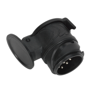 The Sealey Socket Conversion Adaptor 13-Pin Euro - 7-Pin N Type 12V (TB44) is a black plastic electrical connector with a circular design, featuring multiple metal prongs inside, perfect for use as a socket in your caravan adapter.