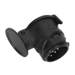 The Sealey Socket Conversion Adaptor 13-Pin Euro - 7-Pin N Type 12V (TB44) is a black plastic electrical connector with a circular design, featuring multiple metal prongs inside, perfect for use as a socket in your caravan adapter.