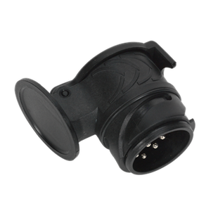 The Sealey Socket Conversion Adaptor 13-Pin Euro - 7-Pin N Type 12V (TB44) is a black plastic electrical connector with a circular design, featuring multiple metal prongs inside, perfect for use as a socket in your caravan adapter.