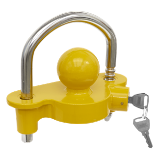 The Sealey Tow-Ball Trailer Hitch Lock 50mm - TB45 boasts a vivid yellow finish, a robust steel U-shaped shackle, and comes with two inserted keys, making it an ideal solution for preventing caravan theft.