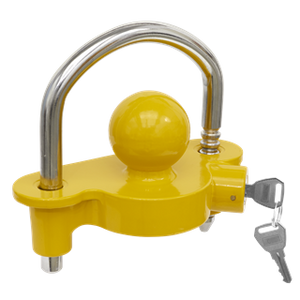 The Sealey Tow-Ball Trailer Hitch Lock 50mm - TB45 boasts a vivid yellow finish, a robust steel U-shaped shackle, and comes with two inserted keys, making it an ideal solution for preventing caravan theft.