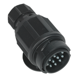 The Towing Plug 13-Pin Euro Plastic 12V Twin Inlet - TB54 from Sealey is a black multi-pin electrical connector with a ribbed casing, featuring multiple metal pins for secure connections. Ideal as a reliable towing plug, it ensures dependable connectivity in caravan conversion projects.