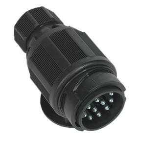 The Towing Plug 13-Pin Euro Plastic 12V Twin Inlet - TB54 from Sealey is a black multi-pin electrical connector with a ribbed casing, featuring multiple metal pins for secure connections. Ideal as a reliable towing plug, it ensures dependable connectivity in caravan conversion projects.