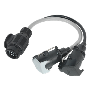 The Sealey Conversion Lead (TB55) features a 13-pin Euro connector on one end and splits into two separate connectors, including a 7-pin N-type caravan socket, on the other end.