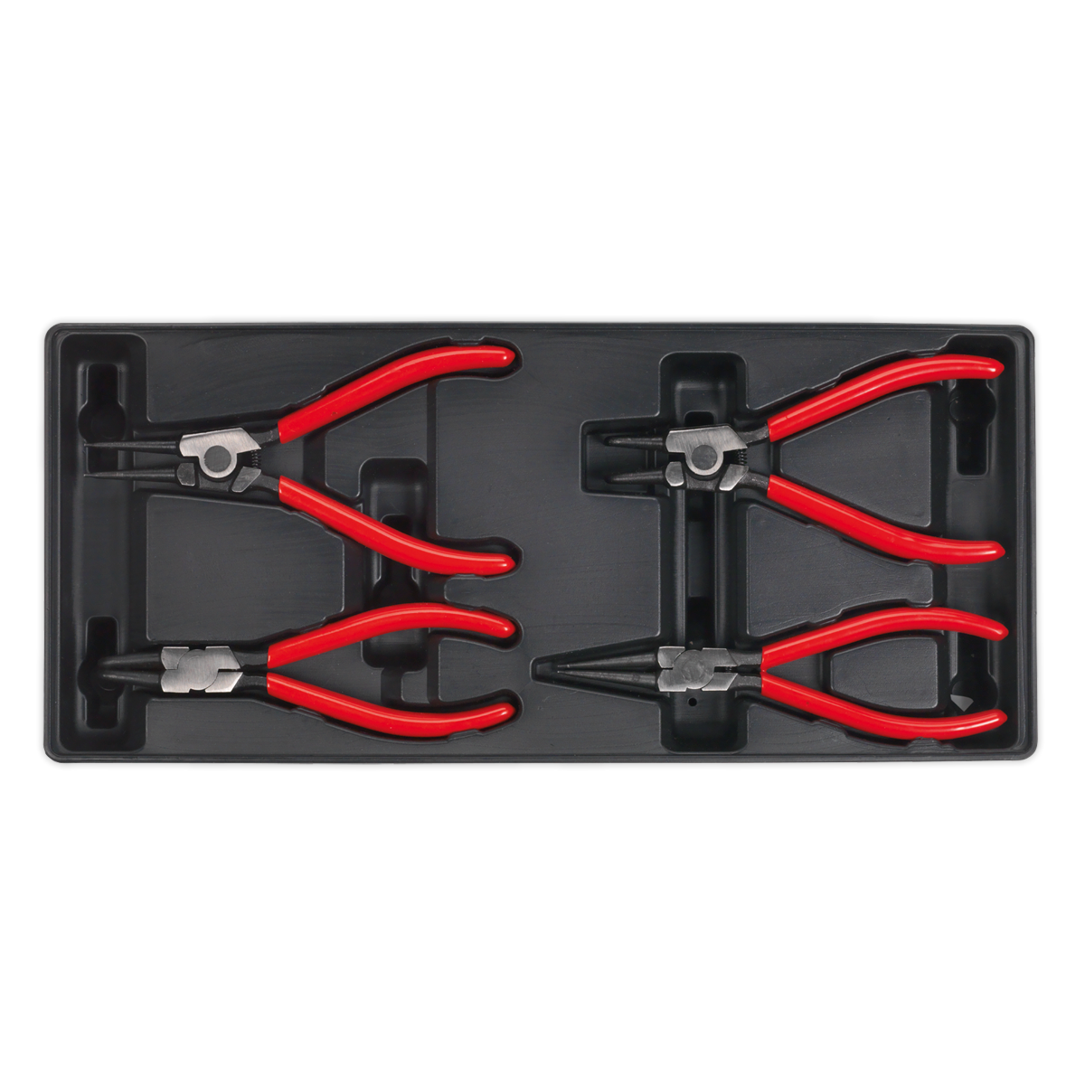 The Sealey Tool Tray with Circlip Pliers Set 4pc - TBT03 includes four pairs of circlip pliers with red handles, neatly arranged in a black plastic tray, perfect for organizing in Premier Line tool trays or Superline PRO tool chests.