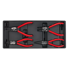 The Sealey Tool Tray with Circlip Pliers Set 4pc - TBT03 includes four pairs of circlip pliers with red handles, neatly arranged in a black plastic tray, perfect for organizing in Premier Line tool trays or Superline PRO tool chests.