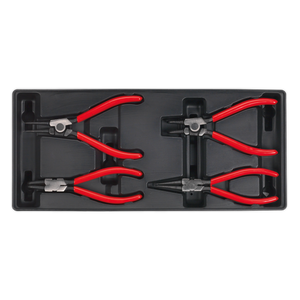 The Sealey Tool Tray with Circlip Pliers Set 4pc - TBT03 includes four pairs of circlip pliers with red handles, neatly arranged in a black plastic tray, perfect for organizing in Premier Line tool trays or Superline PRO tool chests.