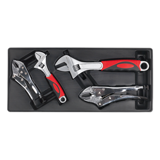 The Sealey Tool Tray with Locking Pliers & Adjustable Wrench Set 4pc - TBT04 includes an adjustable wrench set, two locking pliers of different sizes, and a pair of pliers.