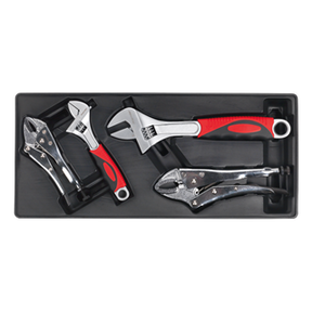 The Sealey Tool Tray with Locking Pliers & Adjustable Wrench Set 4pc - TBT04 includes an adjustable wrench set, two locking pliers of different sizes, and a pair of pliers.