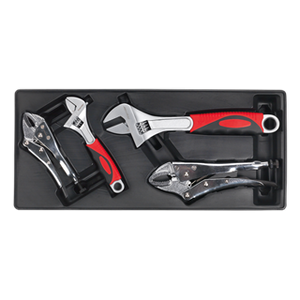 The Sealey Tool Tray with Locking Pliers & Adjustable Wrench Set 4pc - TBT04 includes an adjustable wrench set, two locking pliers of different sizes, and a pair of pliers.