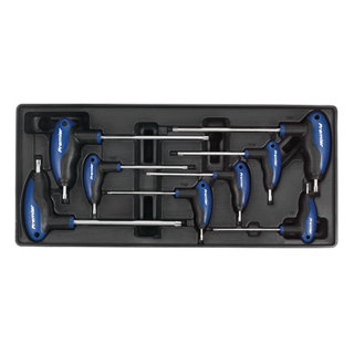 The Sealey Tool Tray with T-Handle TRX-Star* Key Set 8pc - TBT05 holds eight T-handle hex wrenches with blue and black handles, arranged by size. It's perfect for professional technician tools.