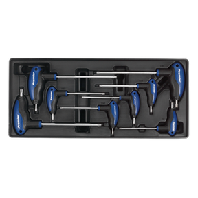 The Sealey Tool Tray with T-Handle TRX-Star* Key Set 8pc - TBT05 holds eight T-handle hex wrenches with blue and black handles, arranged by size. It's perfect for professional technician tools.